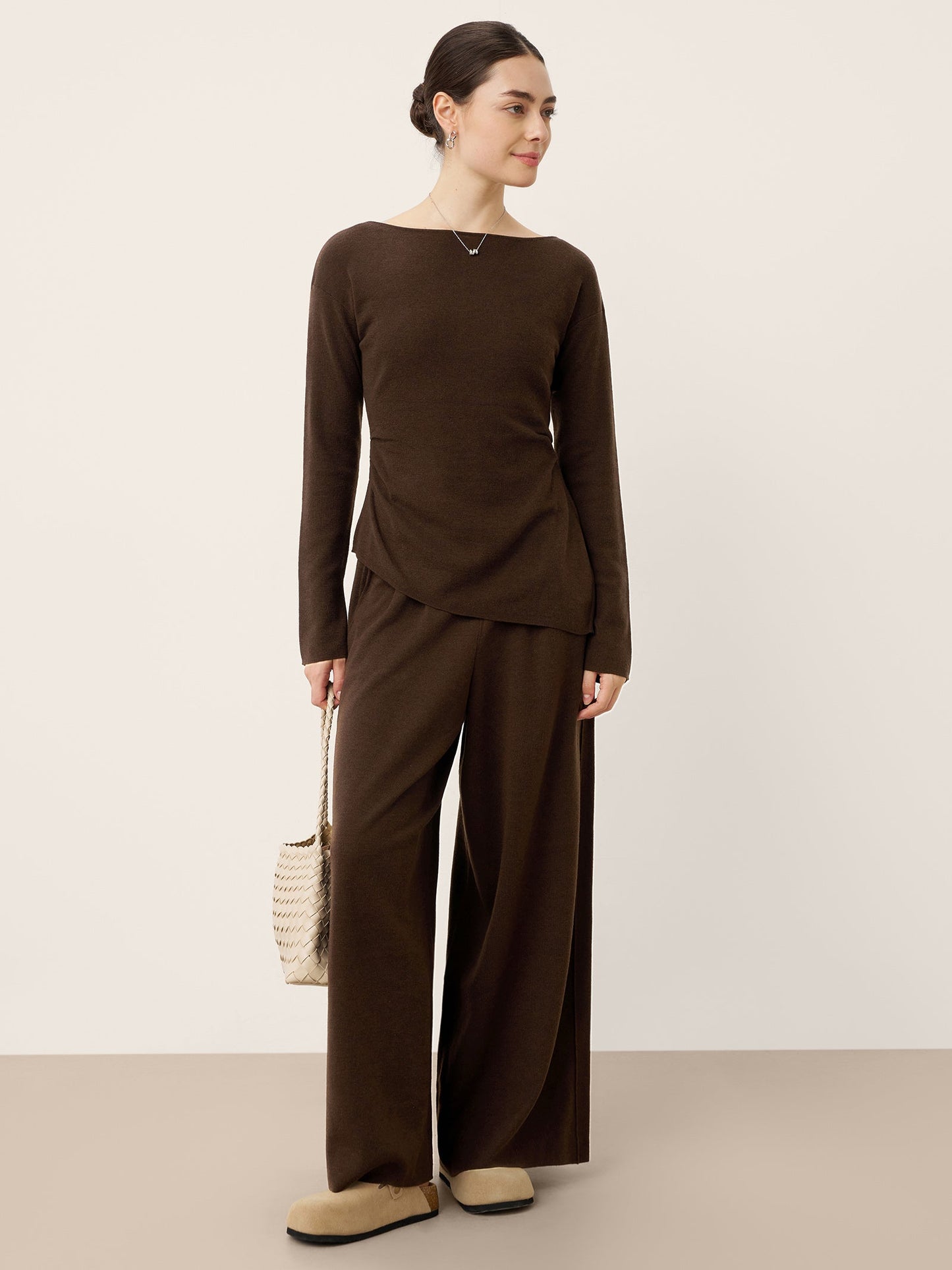 Pantalon Coupe Droite Décontractée à Taille Élastique en Laine Mérinos YVETTE