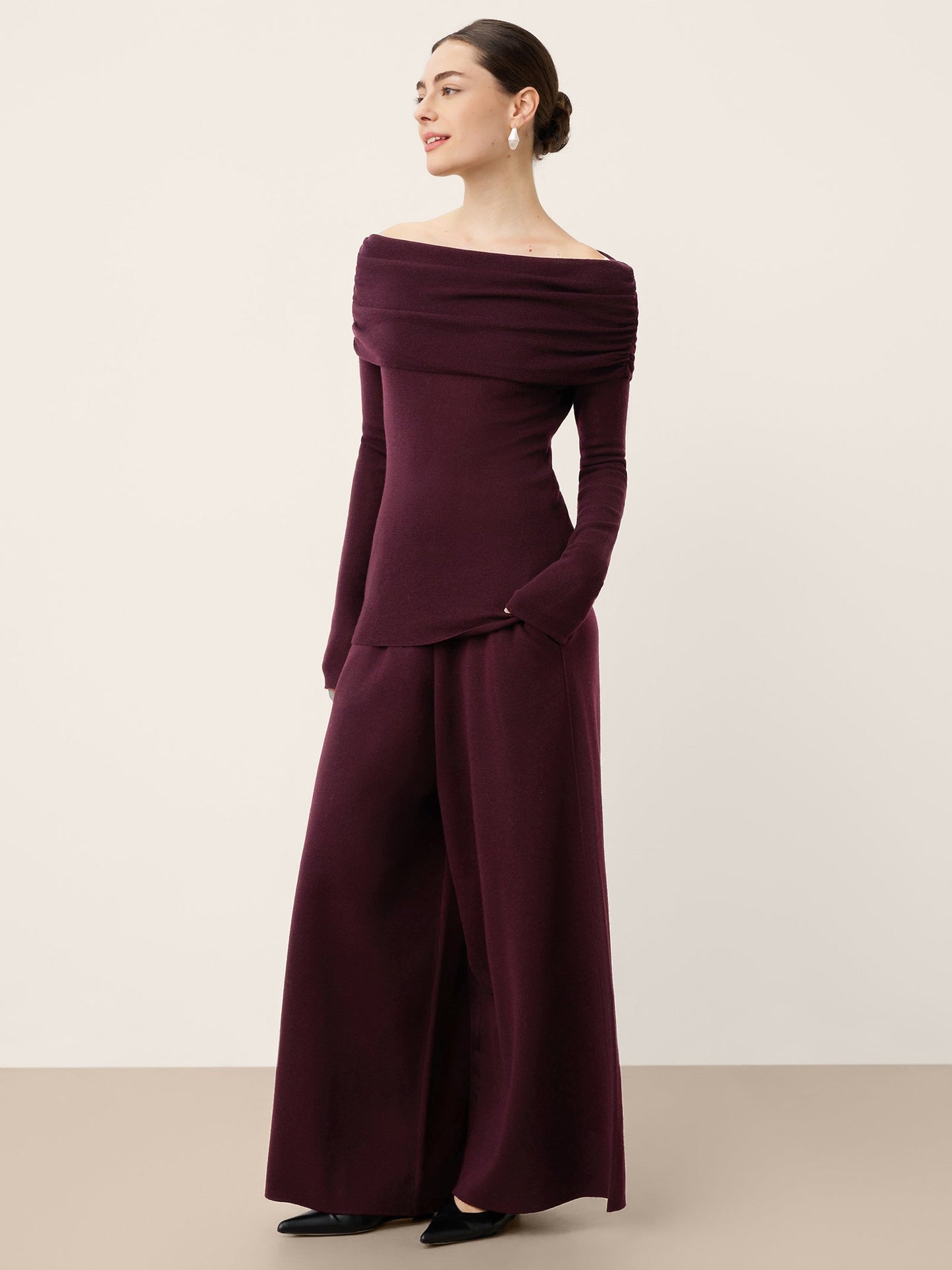 Pantalon Coupe Droite Décontractée à Taille Élastique en Laine Mérinos YVETTE