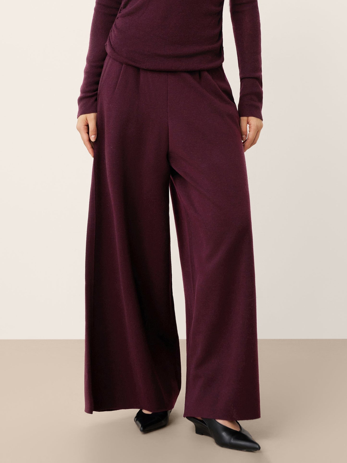 Pantalon Coupe Droite Décontractée à Taille Élastique en Laine Mérinos YVETTE