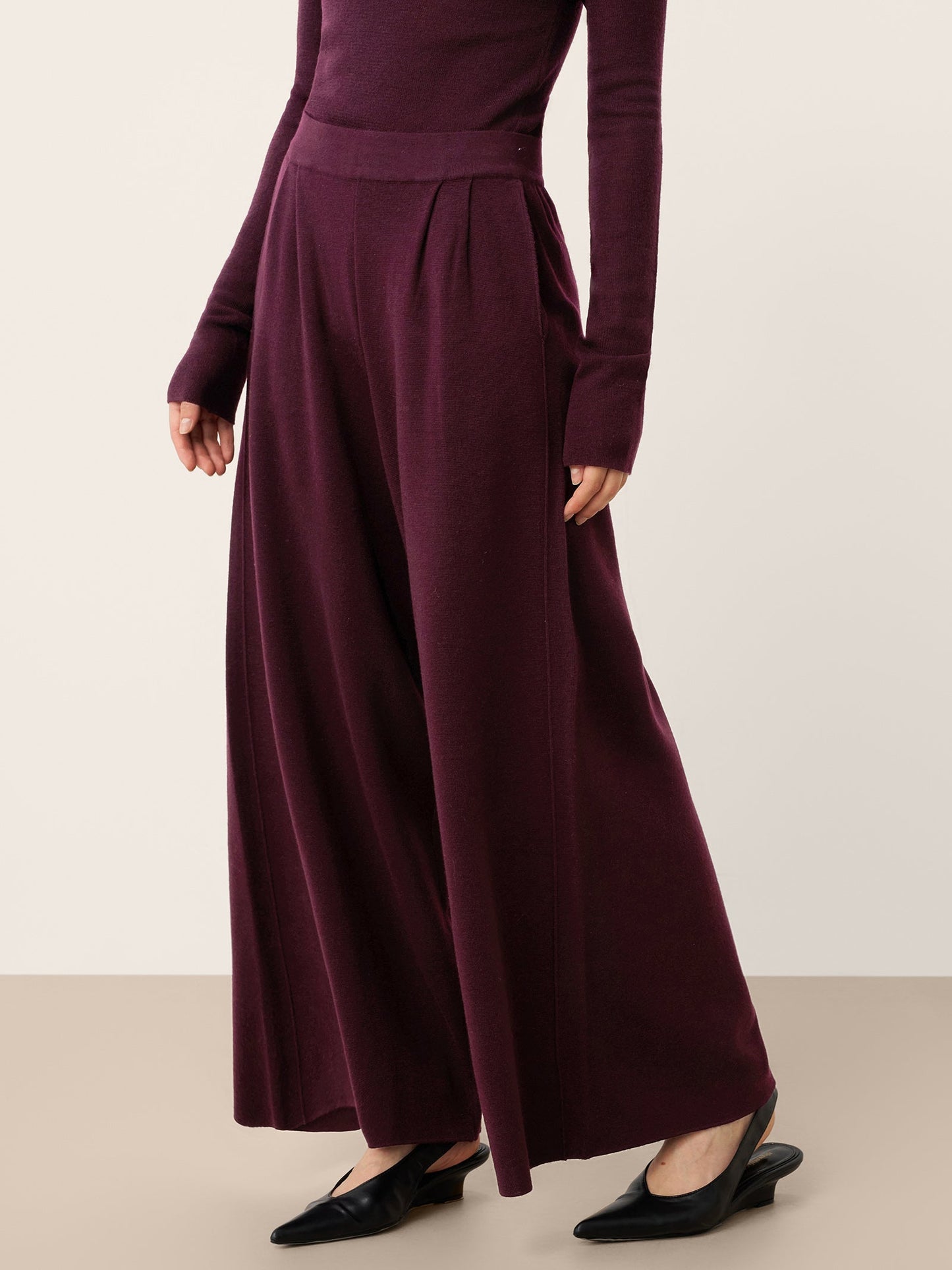 Pantalon Coupe Droite Décontractée à Taille Élastique en Laine Mérinos YVETTE