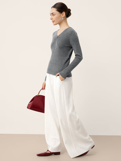 Pantalon Coupe Droite Décontractée à Taille Élastique en Laine Mérinos YVETTE