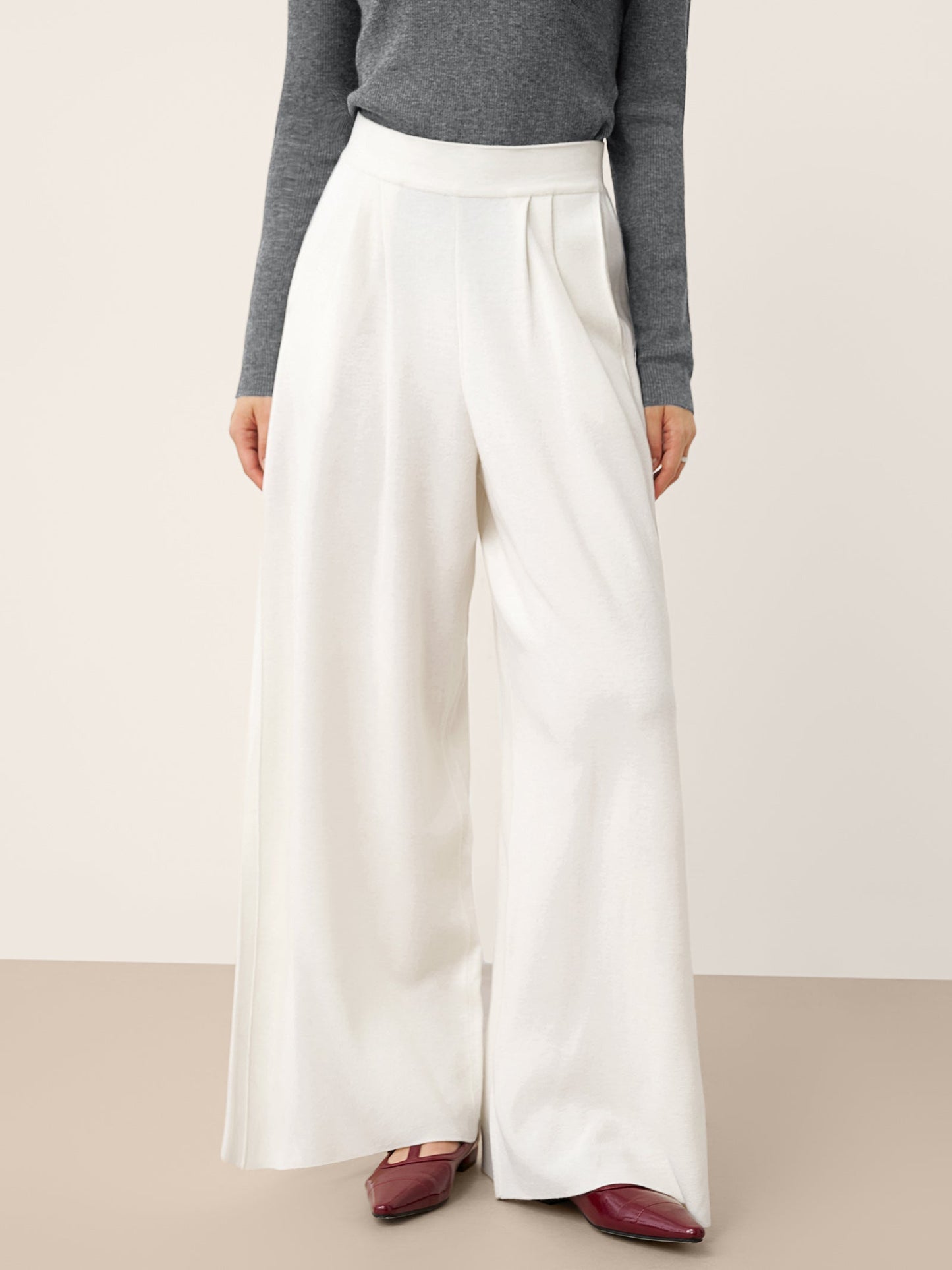 Pantalon Coupe Droite Décontractée à Taille Élastique en Laine Mérinos YVETTE