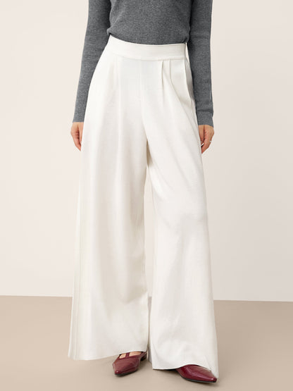 Pantalon Coupe Droite Décontractée à Taille Élastique en Laine Mérinos YVETTE