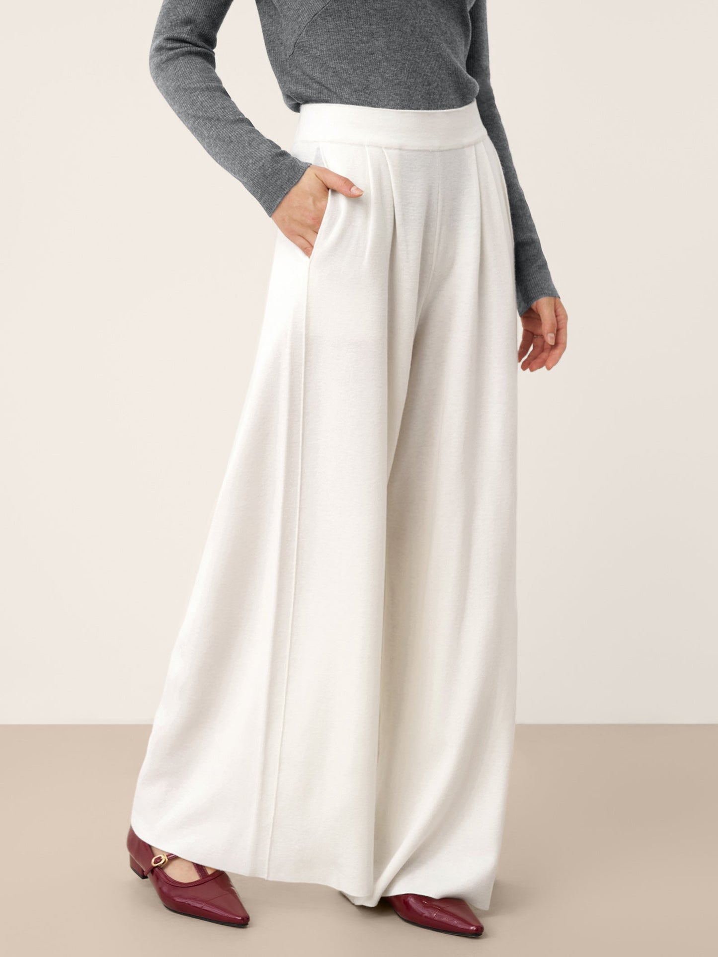 Pantalon Coupe Droite Décontractée à Taille Élastique en Laine Mérinos YVETTE